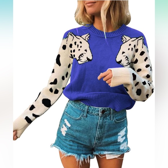 Angashion Blue Size Medium Casual Floral Printed Patchwork Knitted Sweater - Picture 2 of 4